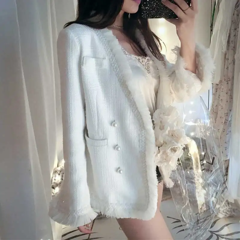 Женский шерстяной пиджак YAMDI в стиле бохо элегантный белый твидовый с высокой