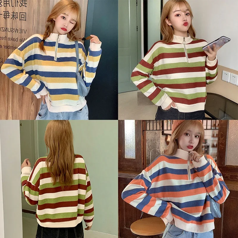 

Autumn Korean Style Thin Stand Collar Short Style Zipper Sweatshirts Large Size Loose Striped Long Sleeve Top Pullover