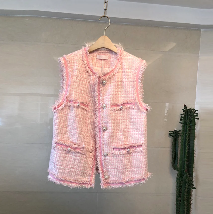 New Spring Fall Small Fragrance Women's Vest Jacket Pearl Button Elegant Tassel Tweed Coat Lady's Woolen Waistcoat | Женская