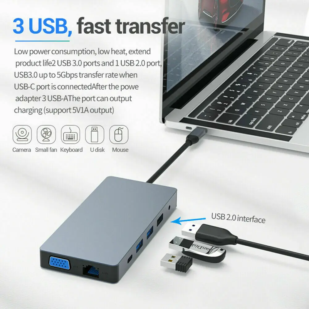 Док станция для ноутбука 12 в 1 USB 3 0 HDMI VGA PD|USB-хабы| |