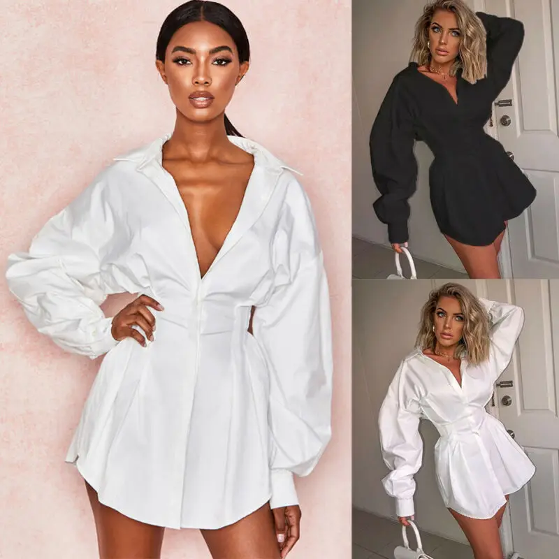 

Women Long Sleeve Office Lady Women Deep v Femal Ladies Shirt Mani Dress Casual Flared Swing Skater Dress Beach Dress Elegant