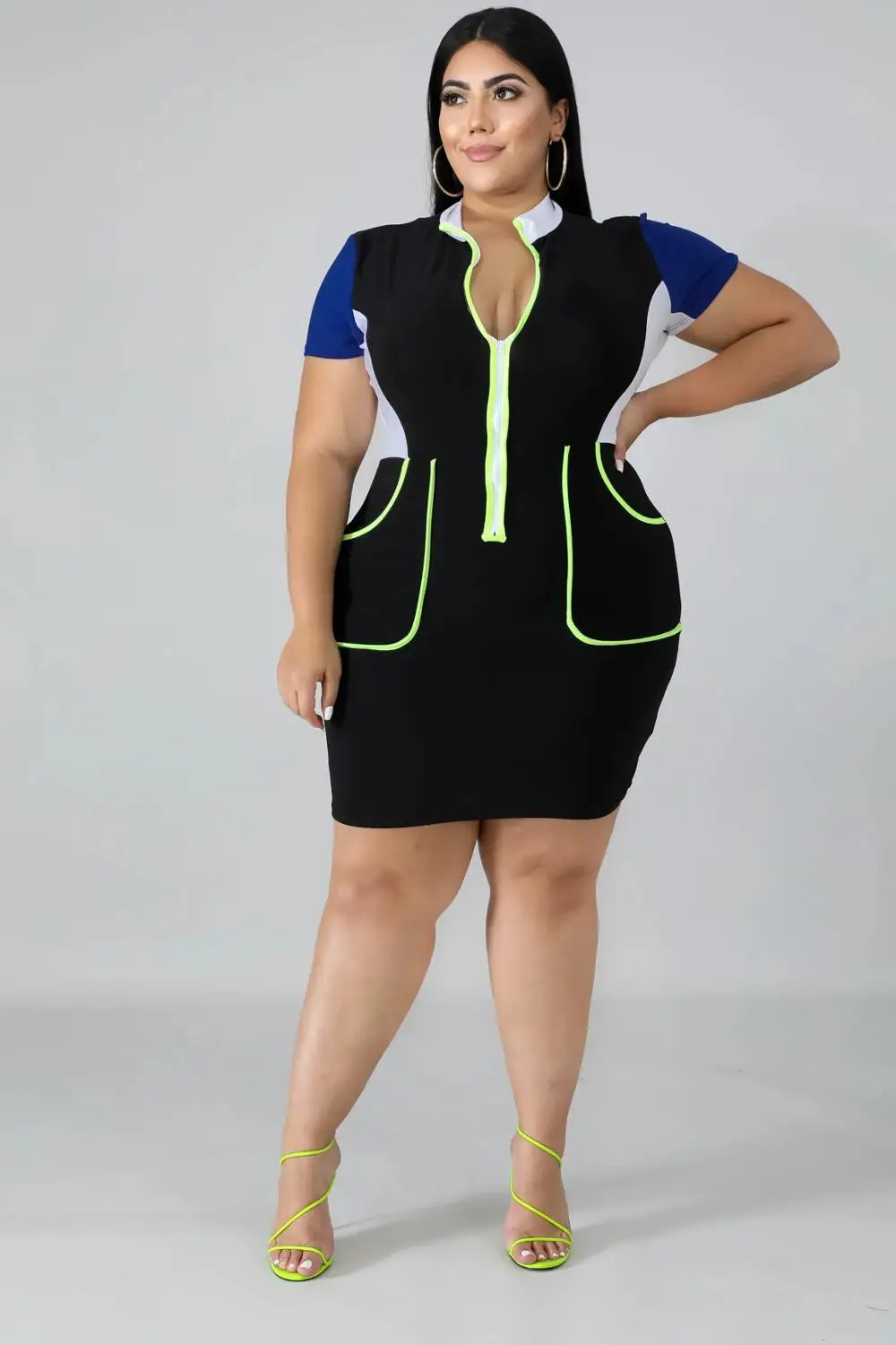 

Fashion Women Bodycon Dresses Contrast Color Patchwork Stand Collar Zipper Skinny With Pockets Mini Dress For Streetwear Party