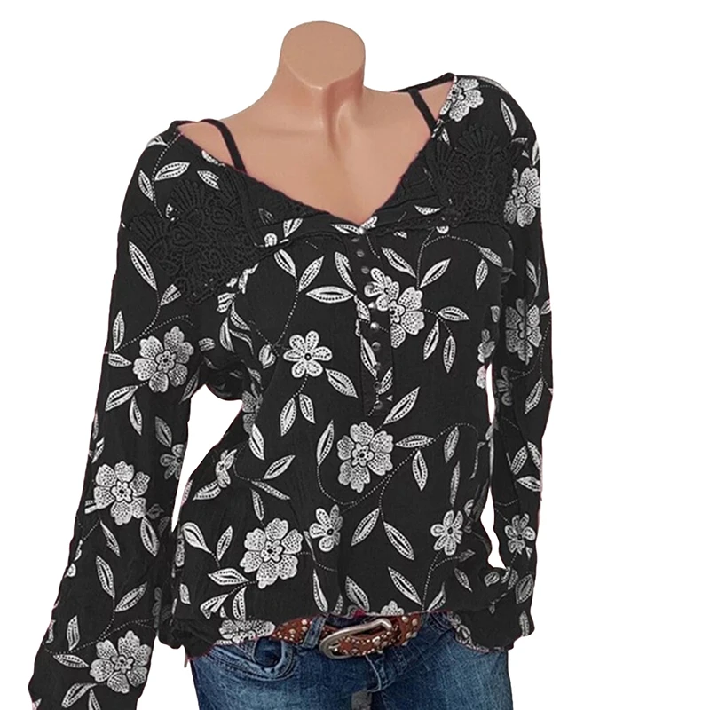 Кружевная футболка с длинным рукавом и цветочным принтом модная женская