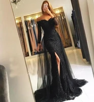 black muslim evening dresses 2021 mermaid 34 sleeves lace slit tulle v neck dubai kaftan saudi arabic long formal party gown