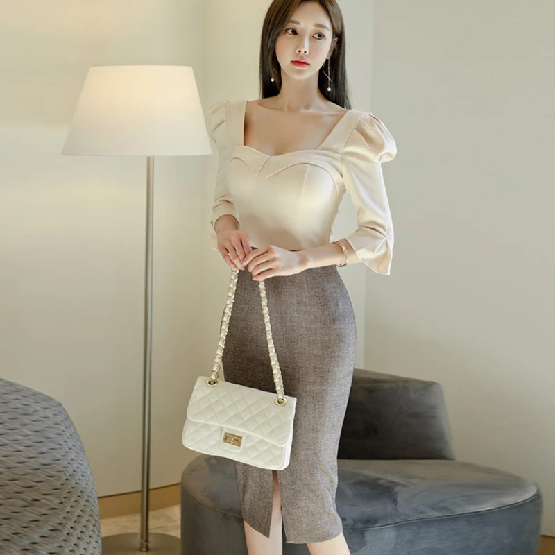 

new arrival fashion split dress women OL professional temperament square neck puff sleeve patchwork elegant slim pencil dress