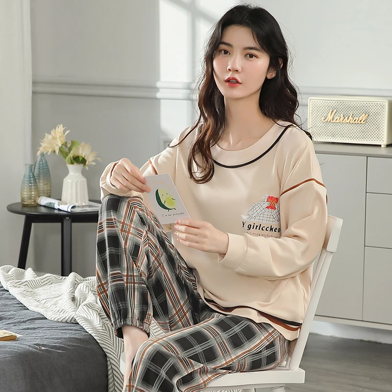 

Fashion Plaid Pants Comfort Home Suit Loose Pijamas Soft Pyjamas New Women's Pajamas Set High Quality Pure Cotton Sleepwear
