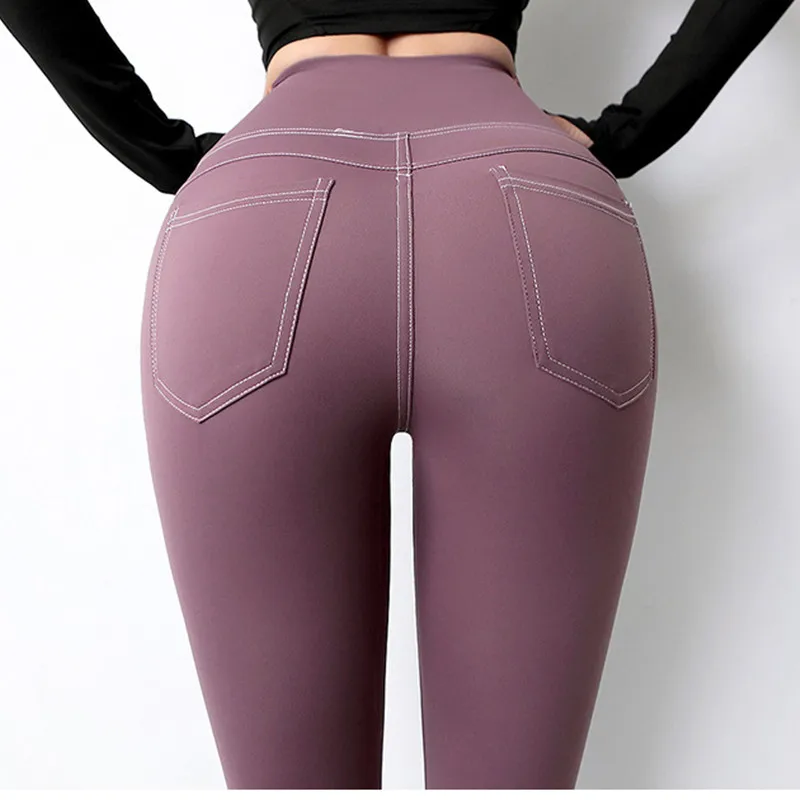Top women's yoga pants high waist stretch hip leggings tight simulation jeans fitness running slim quick-drying sweatpants