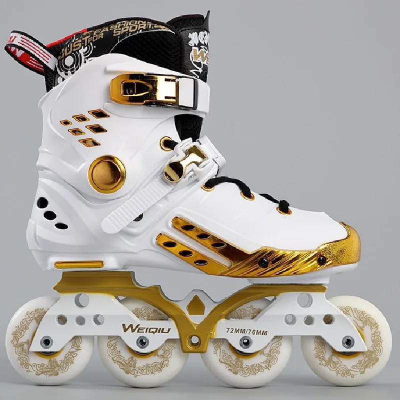 WEIQIU 4 Wheels Figure Inline Skates Slalom Sneaker with 3 wheels Transfer Base 4X80mm / 3X110mm Speed Roller Shoes White Gold | Спорт и