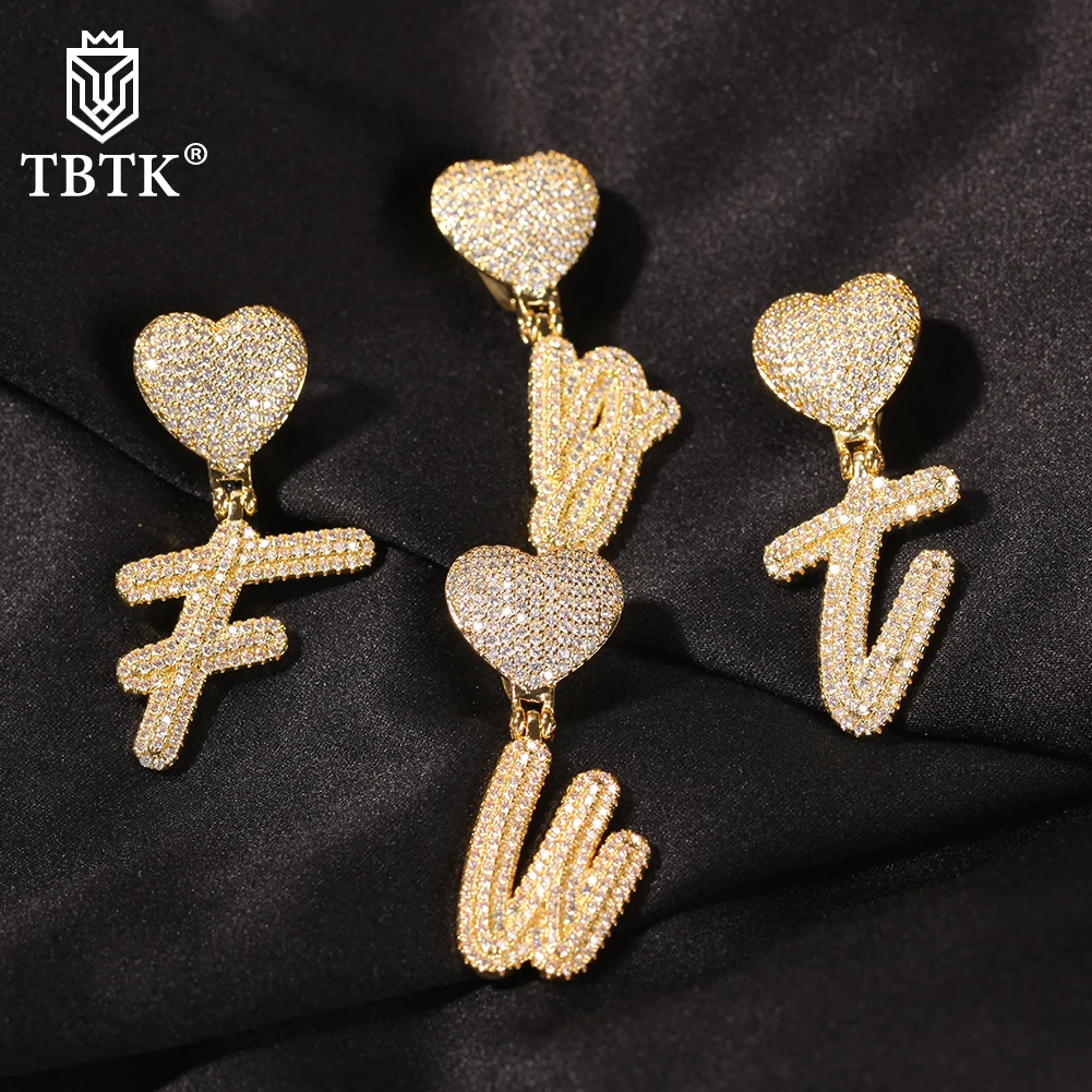 

TBTK A-Z Double LayerCursive Initial Letters With Heart Clasp Pendant Necklace Iced Out Cubic Zircon Charm HipHop Rapper Jewelry
