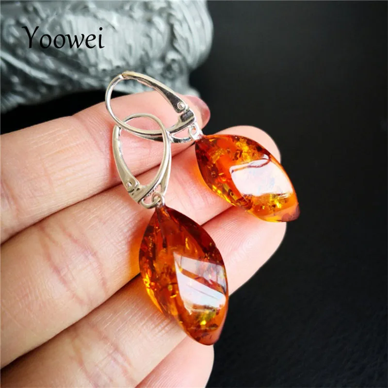 Женские серьги с натуральным янтарем Yoowei сережки подвески из серебра 925 пробы