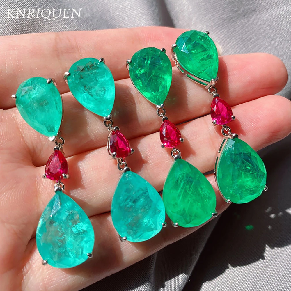 

Charms Vintage 925 Sterling Silver Paraiba Tourmaline Emerald Gemstone Drop Big Earrings for Women Wedding Earrings Fine Jewelry