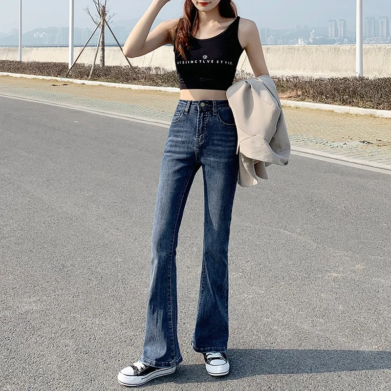 

Новые осенние джинсы с высокой талией, женские брюки стрейч с эффектом потертости на весну и осень