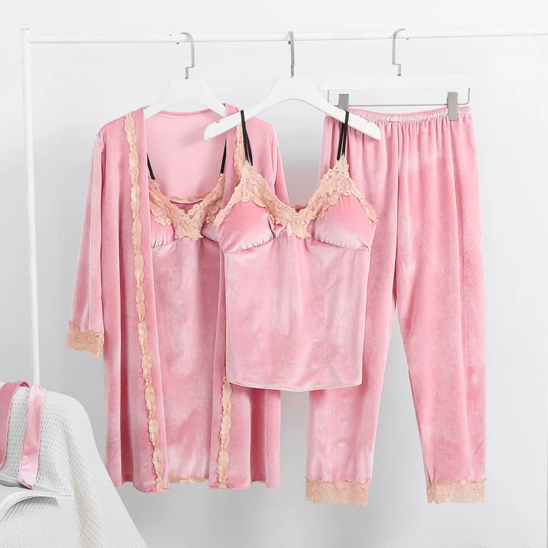 Pink Золотистые бархатные пижамы, ночная рубашка с длинными рукавами, сексуальный костюм из 4 предметов, длинное платье, комплекты, халат с нагрудными накладками, женская одежда для сна, домашняя одежда - Цвет: Pink