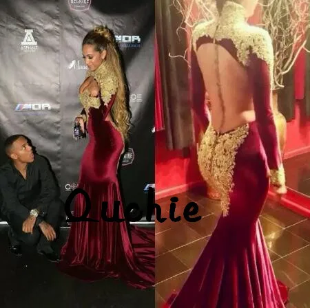 

Backless Mermaid Velour Evening Dresses Full Sleeves High Neck Gold Lace robe soiree Islamic Dubai Kaftan Saudi Arabic Prom Gown