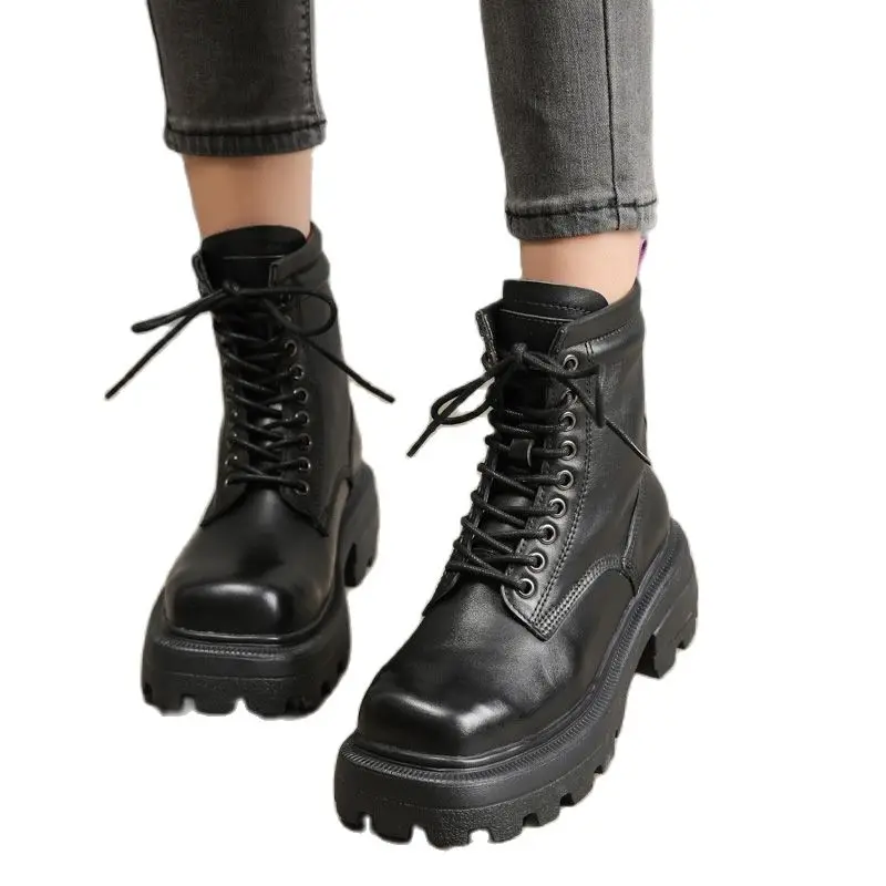 

8093-1 Thick-Soled Leather Dr. Martens Boots Square Chunky-Heel Full Grain Cow Leather Lace-up Female Boots Motorcycle Boots