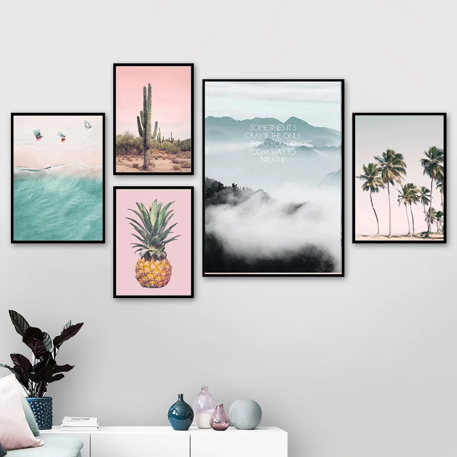Pink Cactus Pineapple Blue Sea Beach Wall Art Canvas Painting Nordic Posters And Prints Pictures For Living Room Decor | Дом и сад