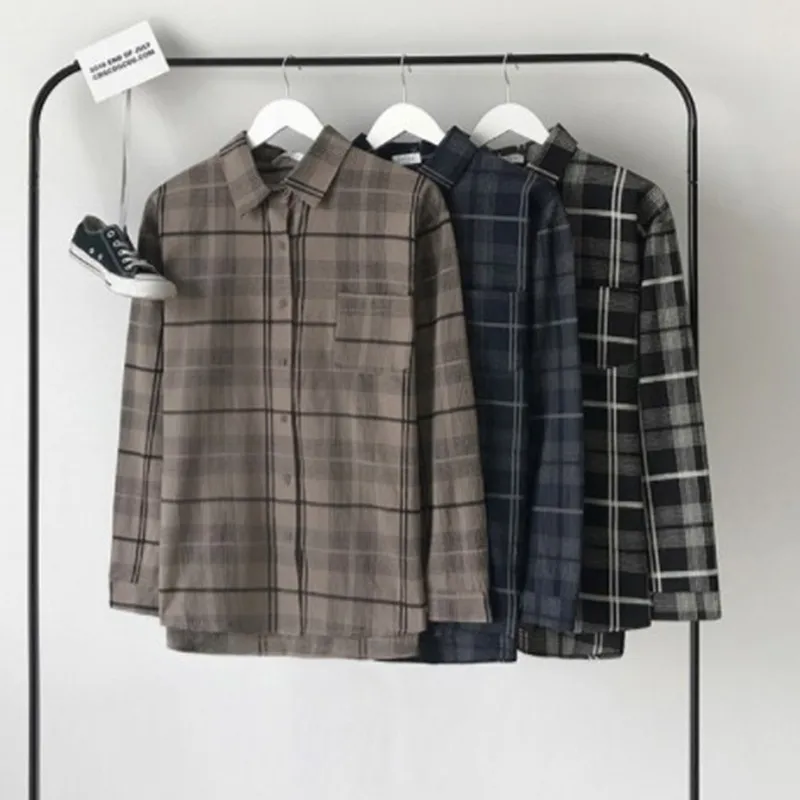 

New Shirt Oversize Female Top Women Long Sleeve Cotton Girls Blouse Autumn New Women Blouses Plaid Blue Femme Blusas Korean