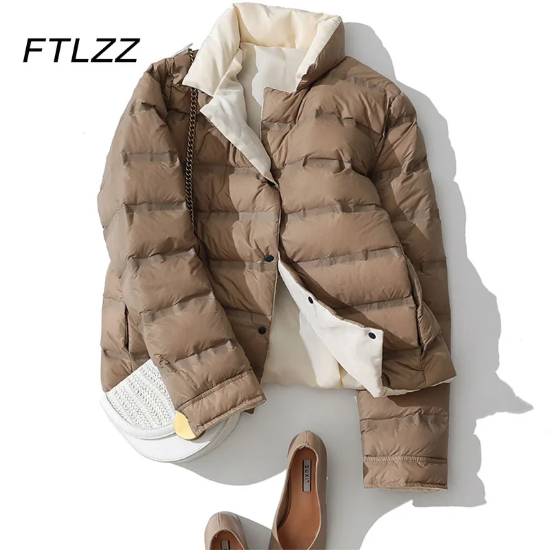 

Пуховик женский двухсторонний на белом утином пуху, теплая однобортная куртка-пуховик с воротником-стойкой, Осень-зима