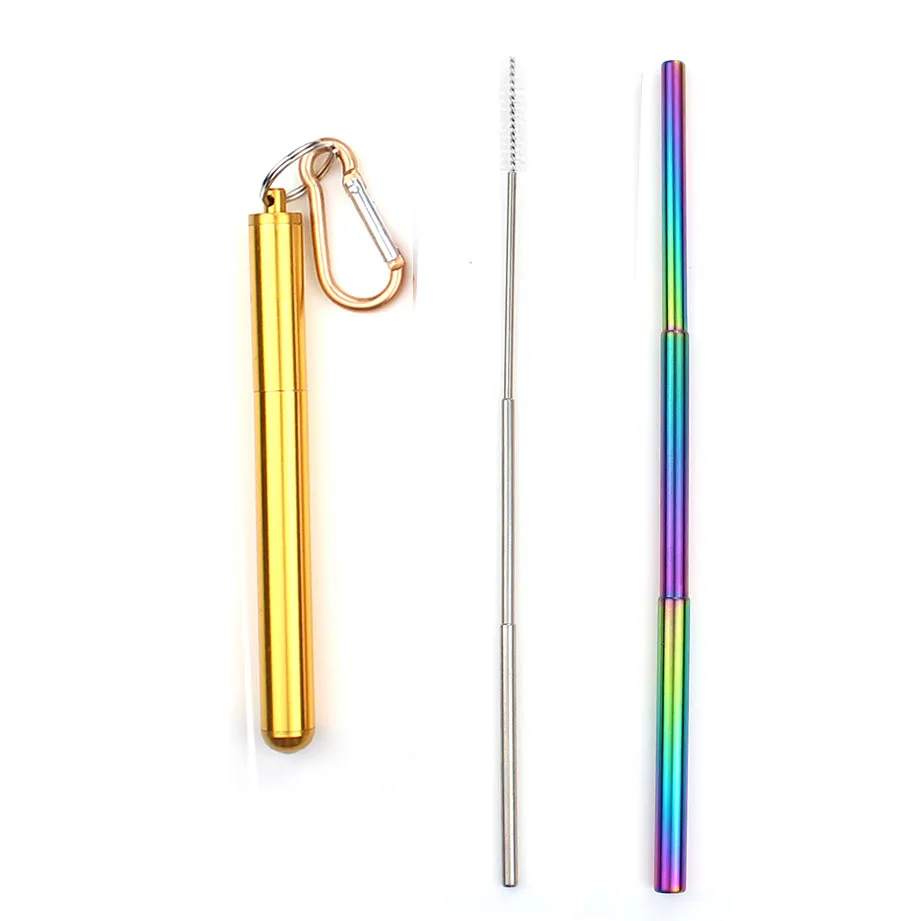 Gold Rainbow Yuan 3 шт портативная Нержавеющая сталь телескопическая Серебряная Питьевая Солома для путешествий многоразовые складные металлические с соломенным ведром и щеткой - Цвет: Gold Rainbow Yuan
