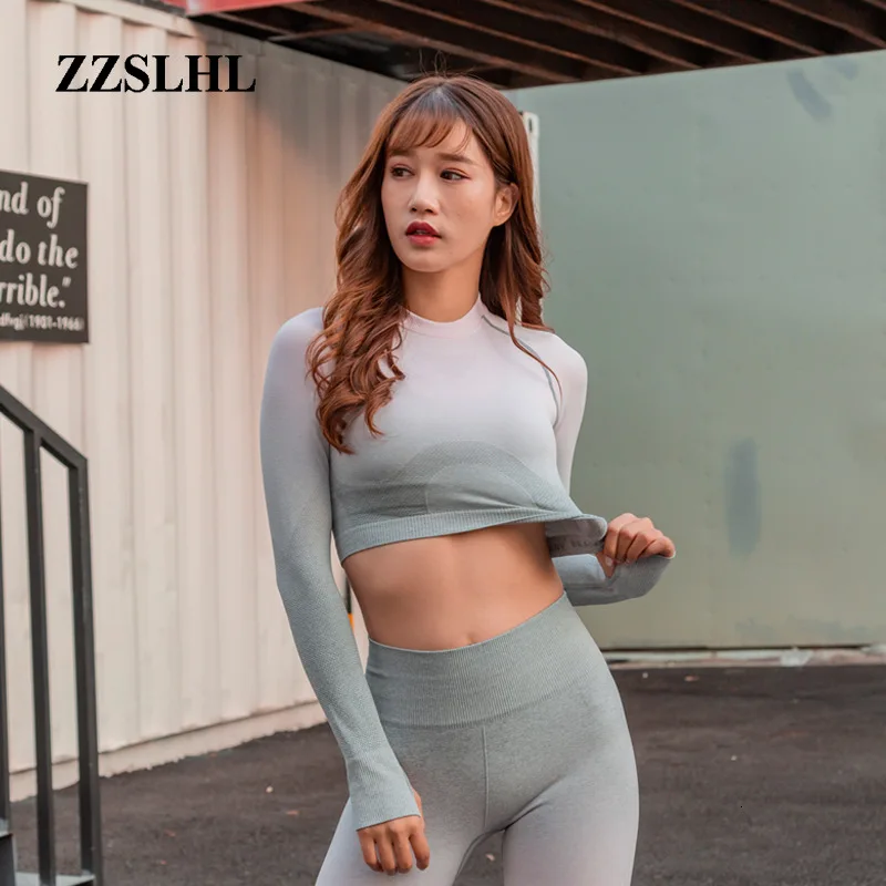 

3PCS Ombre Seamless Yoga Set High Waist Leggings Sports Bra Long Sleeve Crop Top Women Running Gym Clothing Fitness Sports Suit