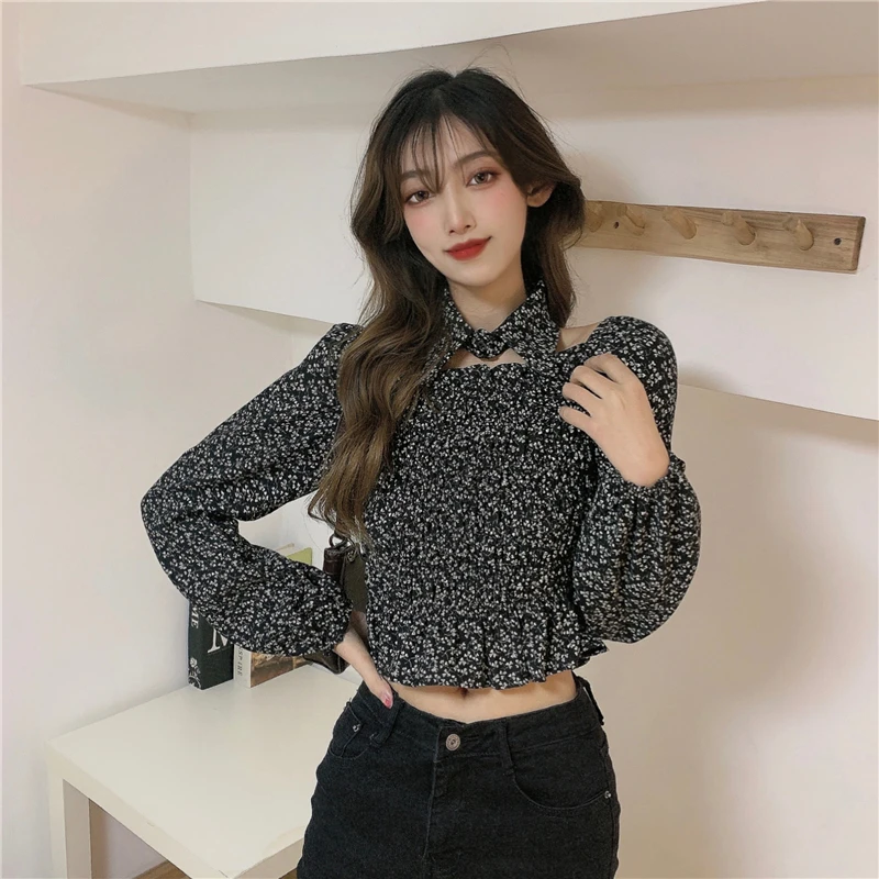 

Hipster Spring Autumn Crop Top Blouse Women Print Halter Off Shoulder Shirts Autumn Style Fashion Brand Fall 2021 Female New