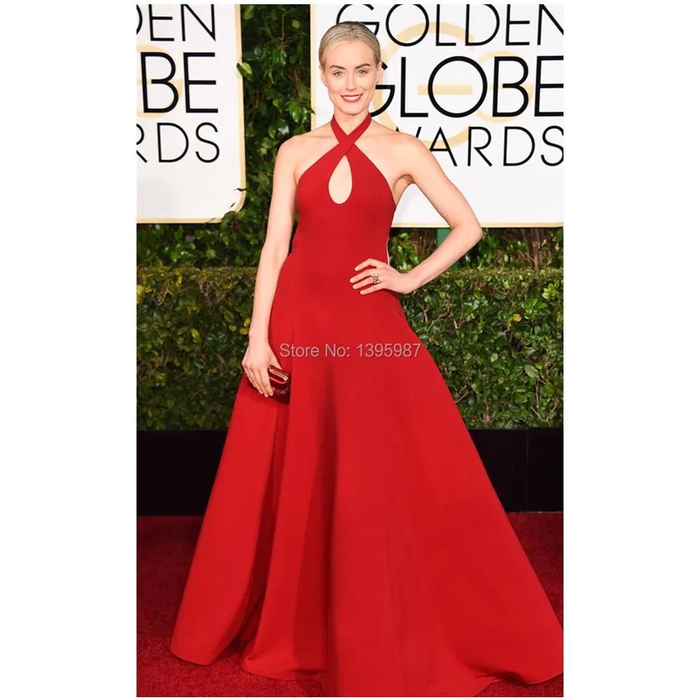 

Halter Red Hot Celebrity Dresses 72nd Golden Globe sleeveless Satin Floor-Length Evening Gown Fabulous Simple Exquisite