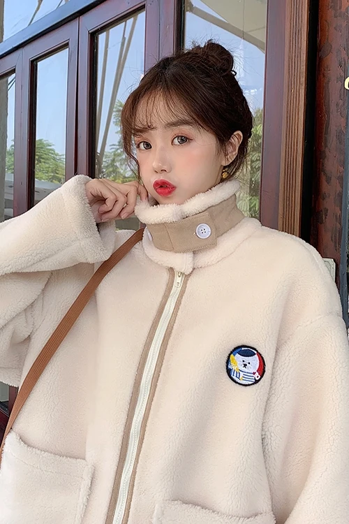 

Early Winterew Women's Autumn and Winter All-Matching Bear Loose Long-Sleeved Thickened Imitation Lamb Wool Motorcycle Clothing