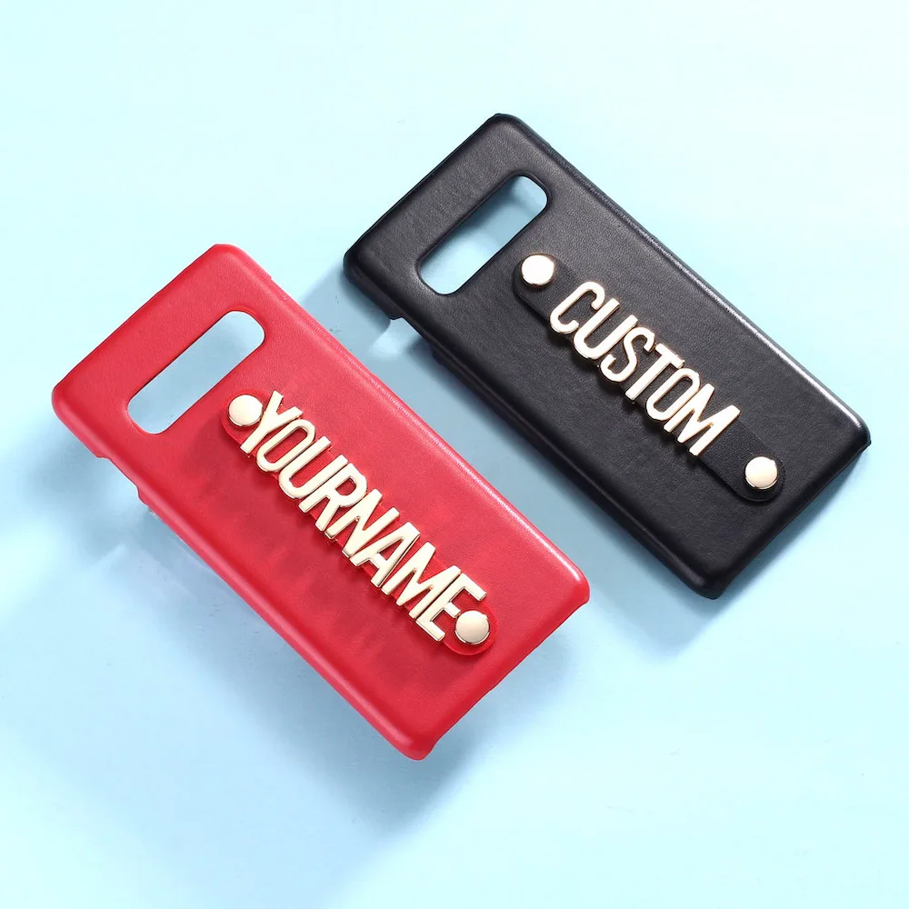 

For Samsung Galaxy S8 S9 S10 Plus Note 8 9 A50 Custom Leather Phone Case Holding Strap Gold Metal Name Text Phone Funda Coque