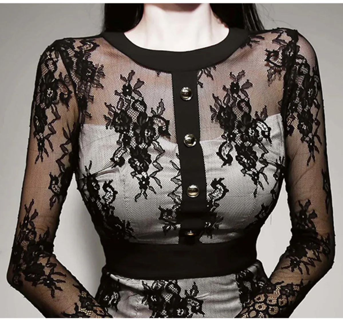 

BacklakeGirls 2021 New Fashion Elegant Round Neck Lace Sheer Long Sleeve Cocktail Dress Sexy Black Floral Embroidery Party Dress