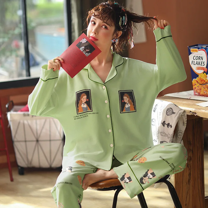 Женский Пижамный костюм корейский хлопковый с длинным рукавом Осень-зима 2019 |