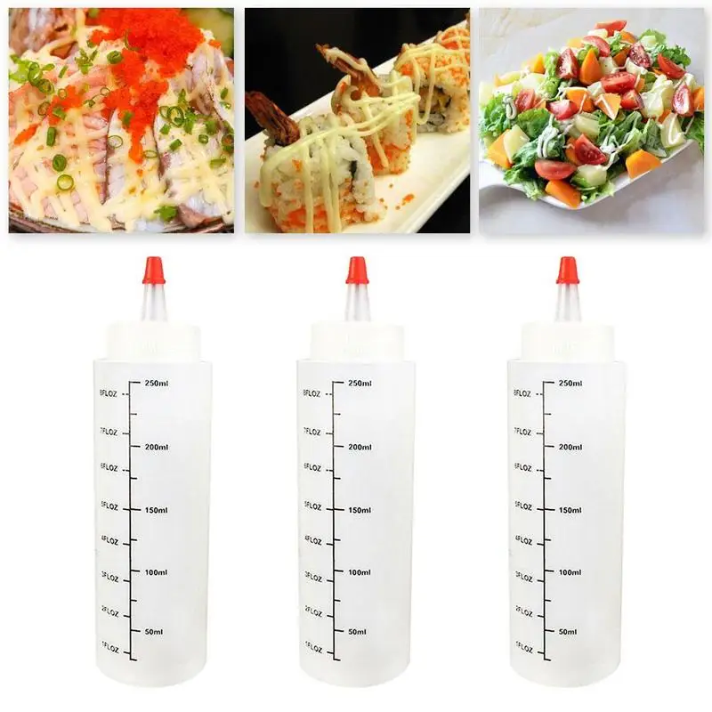 250ml Tip Bottle Sauce Oil Gravy Cruet Container Kitchen Accessories Cooking Salad Squeeze Condiment Dispenser With Scale Tools |