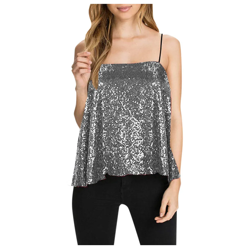 Женская майка с блестками блестящая на бретелях женская сексуальная v образным