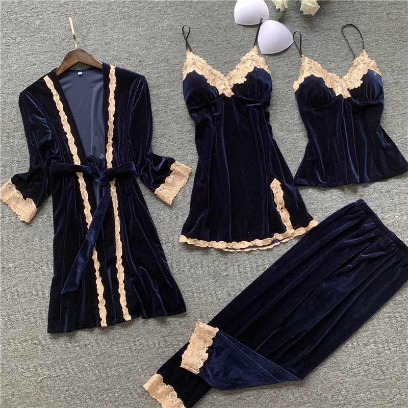 Golden Velvet Keep Warm 4 Pcs Women Robe Set Lace Sexy With Chest Spaghetti Strap Pijama | Женская одежда
