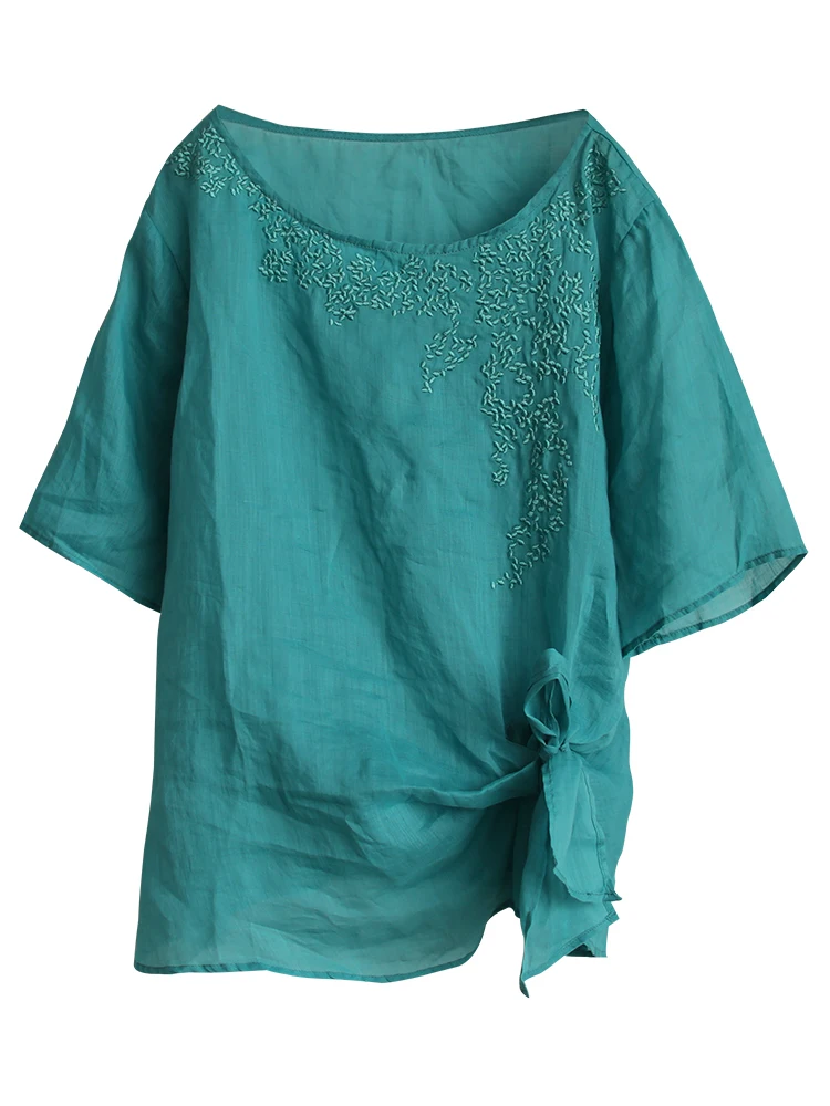 

Solid ramie embroidery T-shirt Retro loose short sleeve women's summer tops