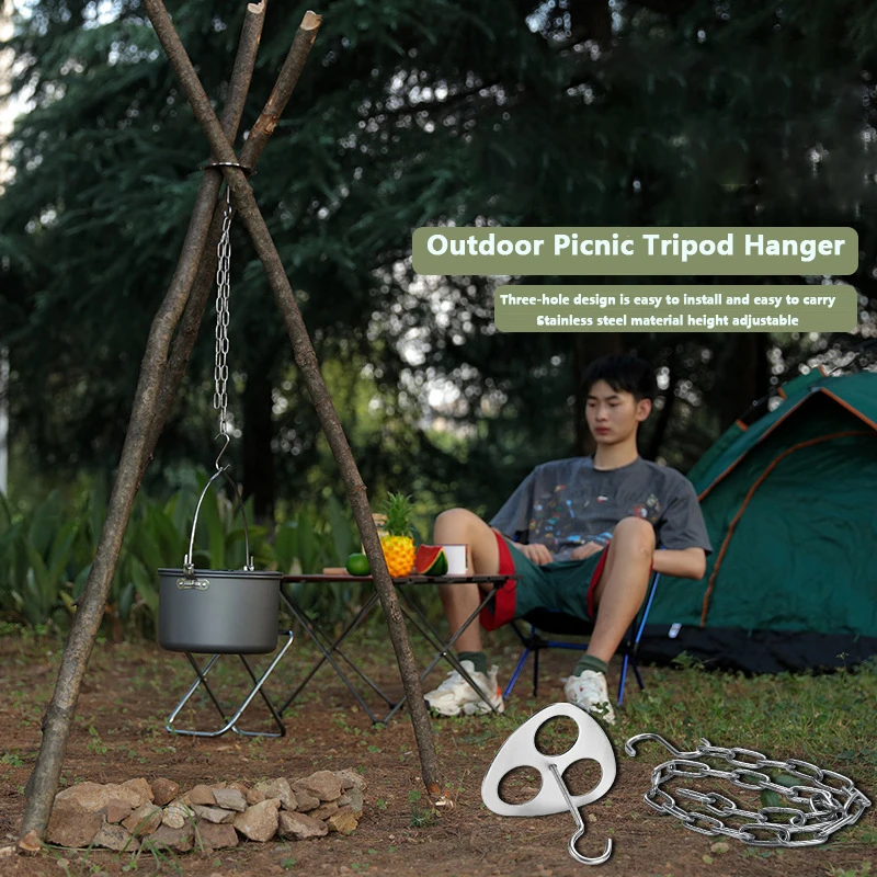 

Portable Detachable Outdoor Barbecue Tripod Hanging Rack Adjustable Stainless Steel Camping Campfire Grill Hanging Pot Stand Set