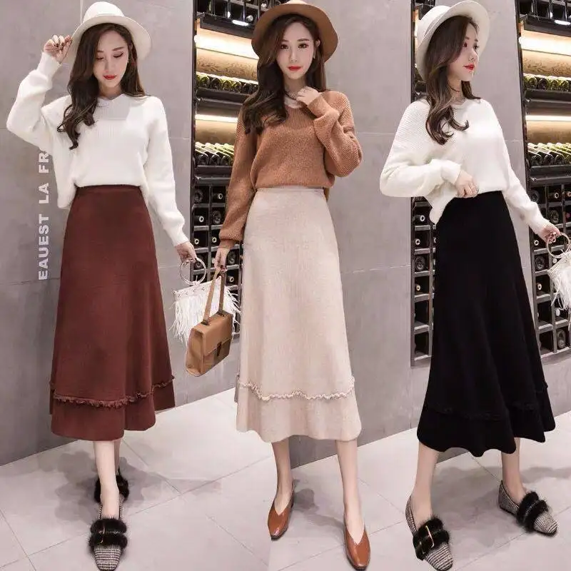 

Knitted skirt mid length 2020 winter new high waist pleated skirt simple fashion wool A-line skirt