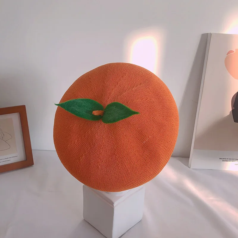 Spring summer women beret hat handmade cute fruit orange painter hat girl thin section breathable peach beanie gift female