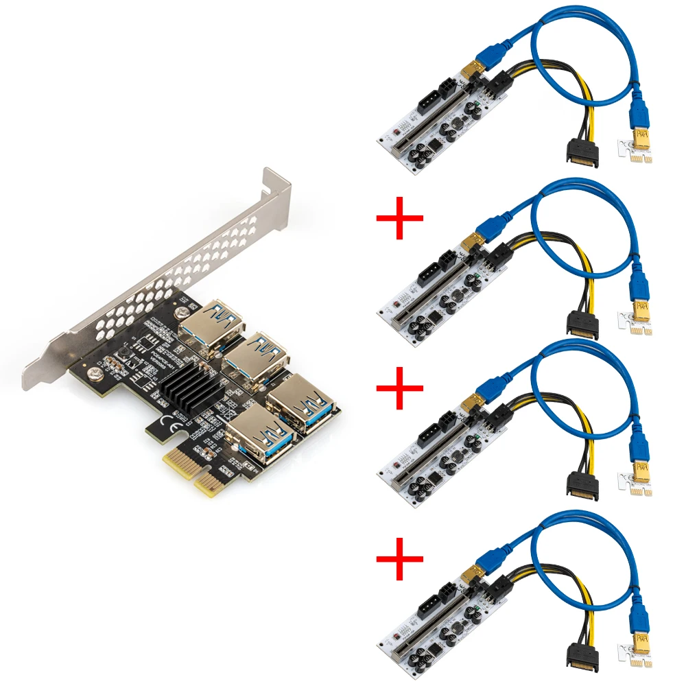 

4 шт. PCI-E Express 1x до 16x Райзер 010 адаптер карты PCIE 1 до 4 слота PCIe порт множителя карты для майнинга биткоинов BTC