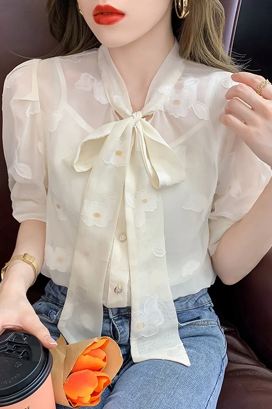 

Women's Blouses Short Sleeve Tops V-neck Shirts Bow Fashion Top Casual Blouses Solid Color Shirt Chiffon Loose Summer Houthion
