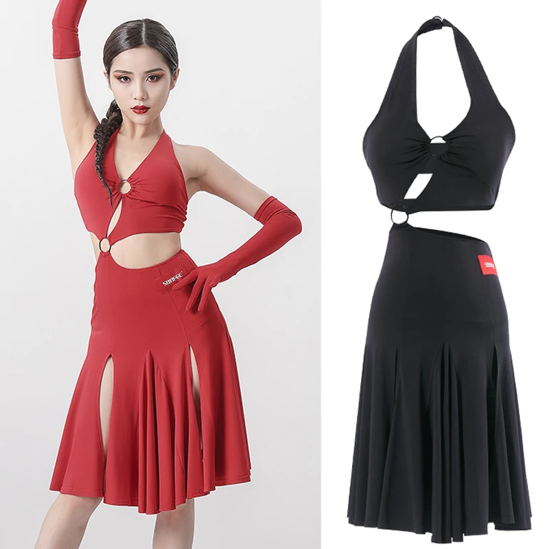 

Sexy Latin Dance Dress For Women Pleated Dress With Ring Salsa Rumba Tango Latin National Standard Competition Costume SL5223