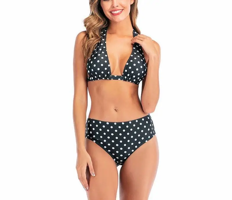 

2021 split swimsuit sexy European and American bikini polka dot high waist Hawaiian print