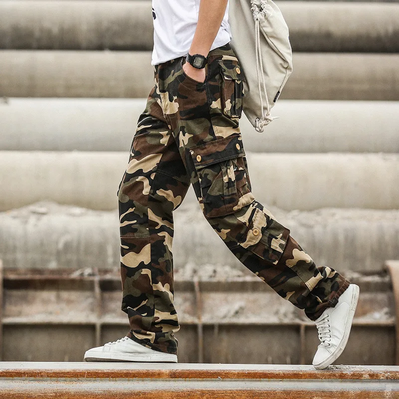 Для мужчин с камуфляжным принтом хлопковые брюки карго карманами размера плюс