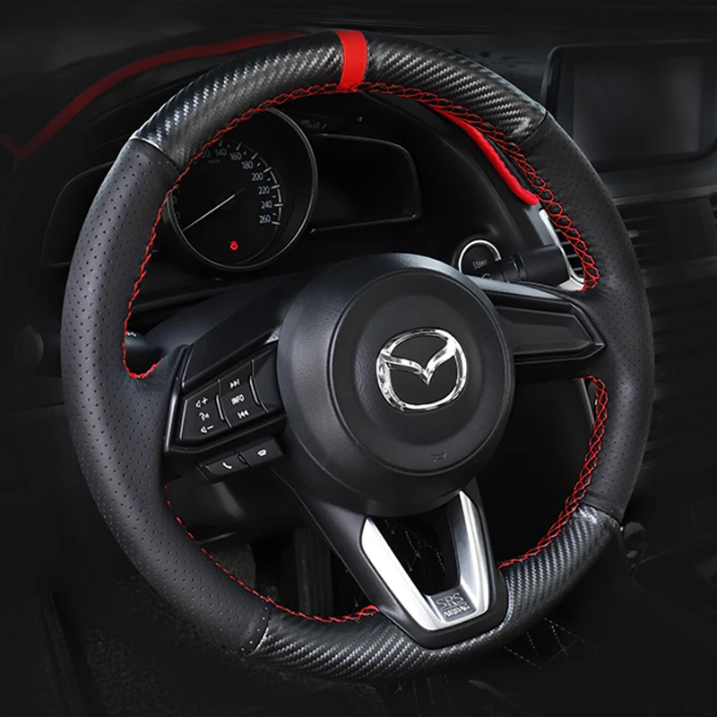 

DIY carbon fiber leather hand sewn steering wheel cover for Mazda 3 onxela cx-5 Atenza cx-4