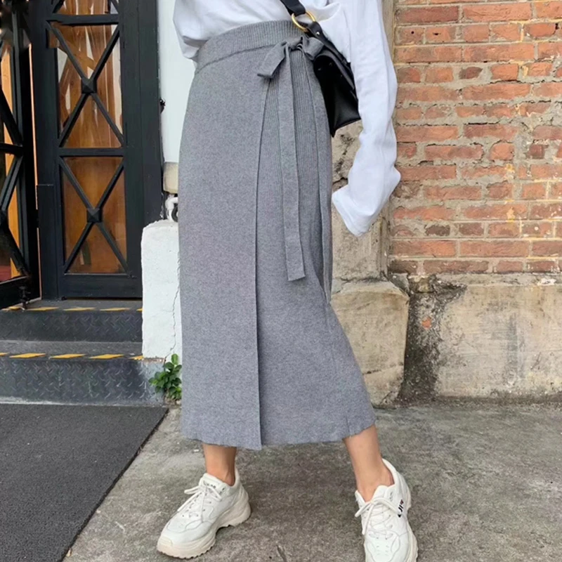 

2020 Autumn New Women Knitted Skirts High Waist Lace-up Warm Loose Female Sweater Skirts Casual One Pieces Skirts