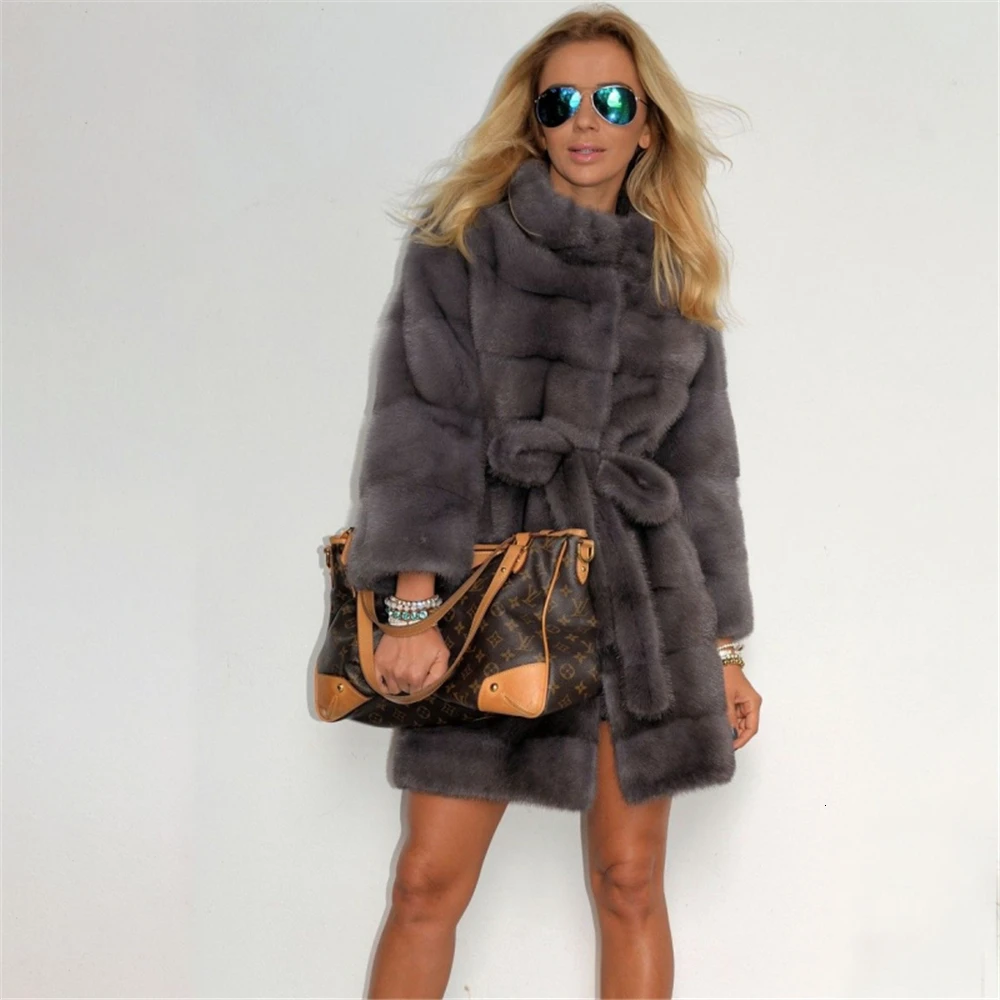 TOPFUR New Fashion Dark Grey Mink Coat With Fur Stand Collar Medium Slim Winter Real Fur Coat Women Plus Size Outwear coats images - 6