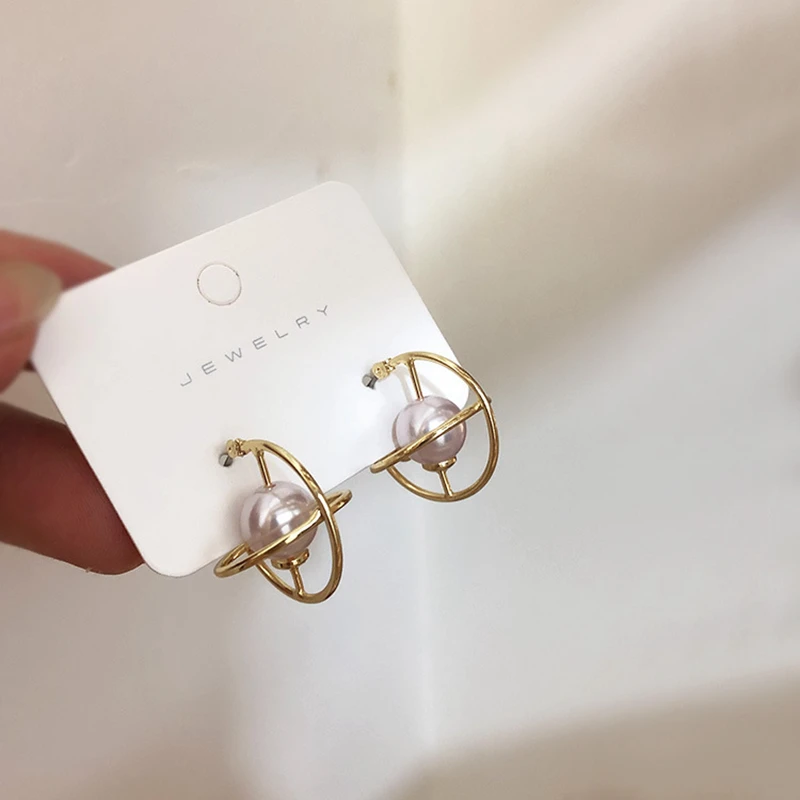 Модные металлические серьги кольца Easrring стерео с имитацией жемчуга планеты