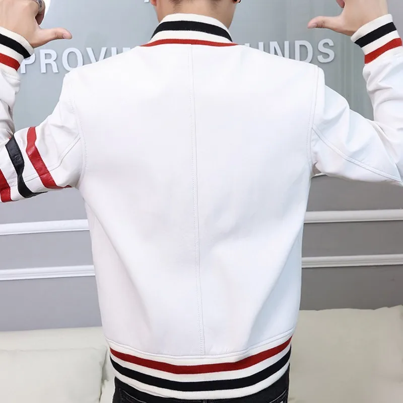 

Fashion Mens Colors Striped White Sheepskin Bomber Jacket Casual Coat Stand Collar Biker Motor High-end Genuine Leather Jacket