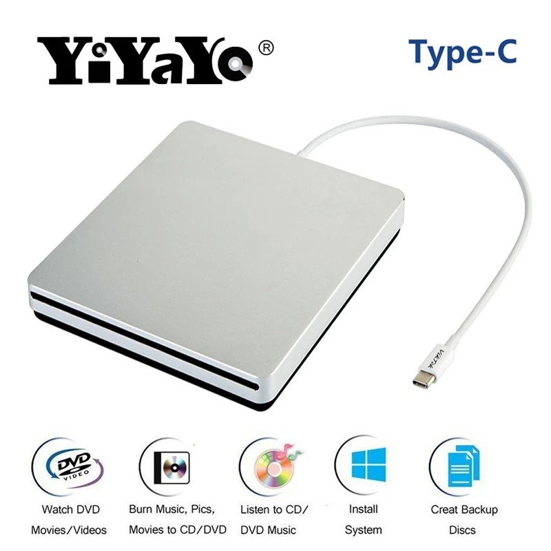 YiYaYo Тип C USB внешний DVD привод Оптический привод DVD RW горелка Писатель CD rom плеер для ноутбука/рабочего стола Windows MAC OS