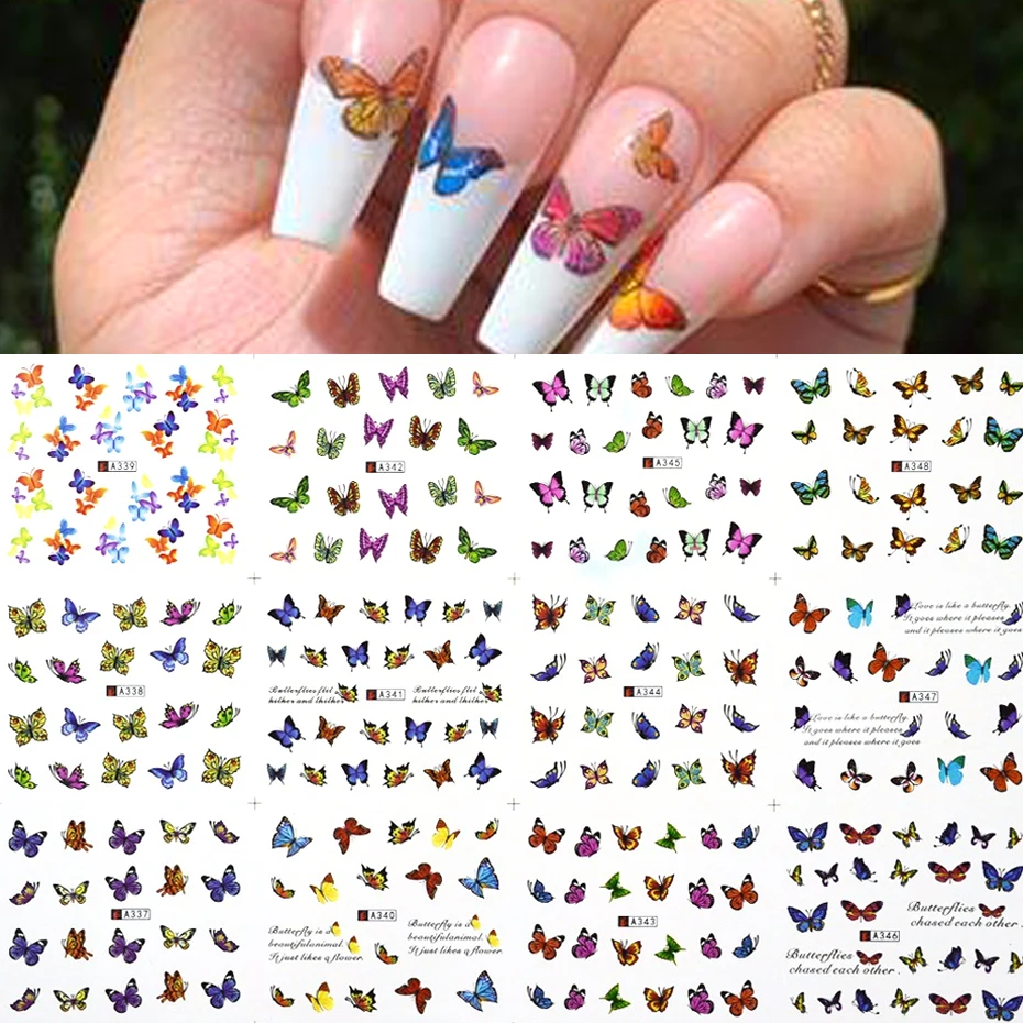 12 шт. наклейка с цветком для ногтей в виде бабочки Слайдеры нейл-арта фольга