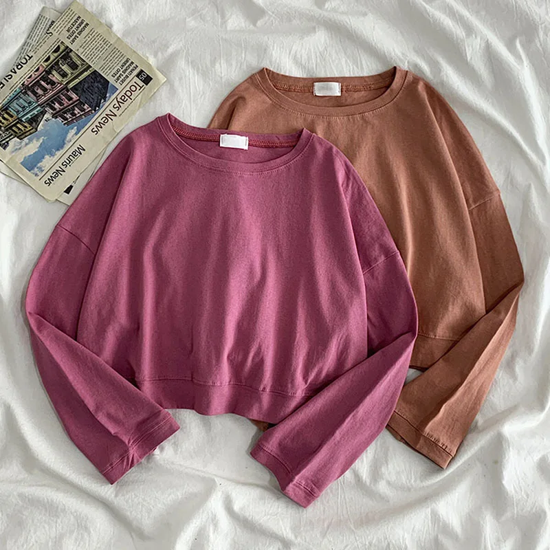 Early Autumn New Korean Style Loose Casual O-neck Thin Tops Simple Solid Cotton Short Sweetshirts Plus Size Women Clothing 11771